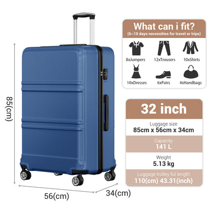 Blue suitcase with dimensions and capacity information on a white background