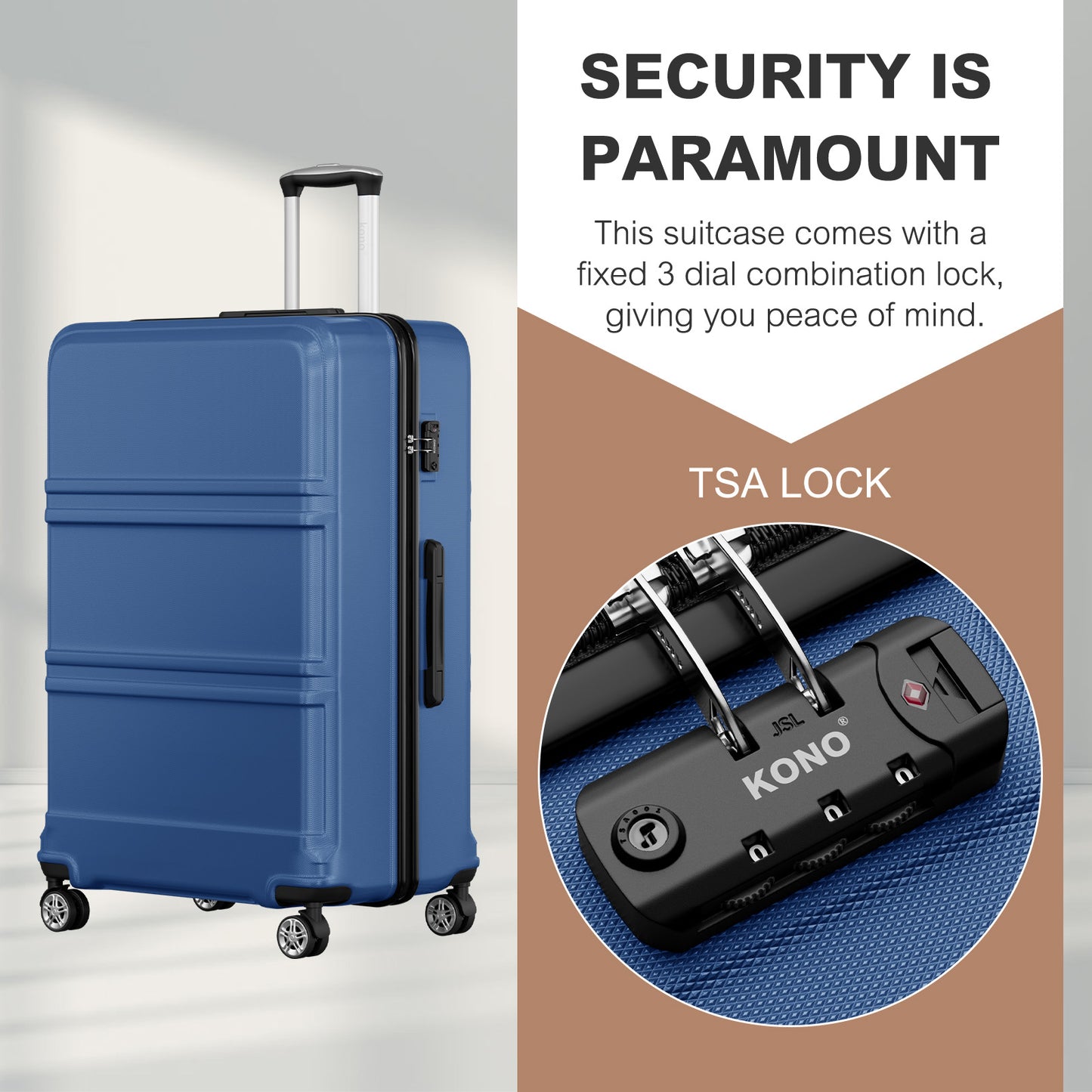 K1871-1L - Kono ABS+PC 32 Inch Extra-Large Suitcase, Sculpted Horizontal Design, Hard-Shell Wheeled Luggage with Telescopic Handle - Navy - Luggage eStore