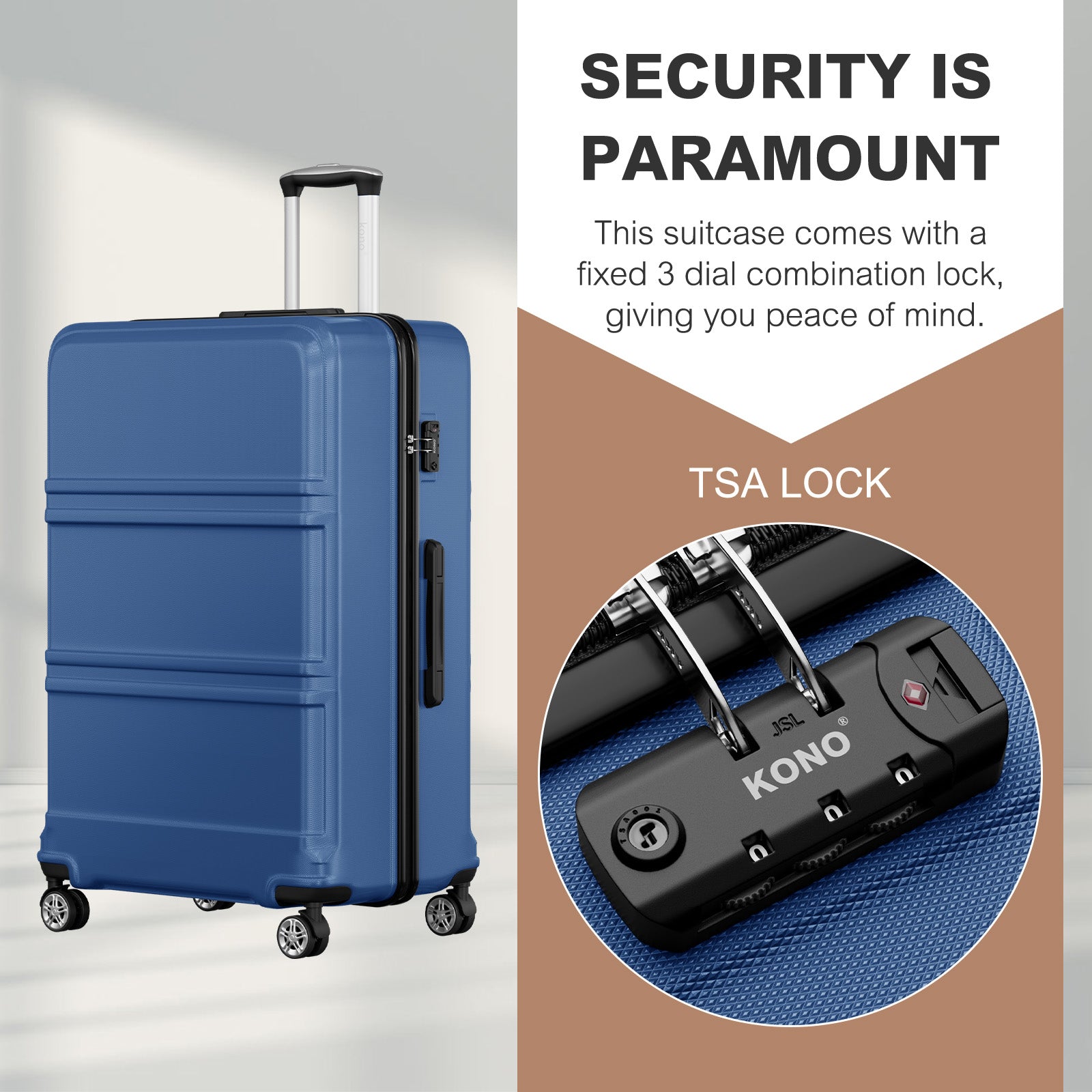 K1871-1L - Kono ABS+PC 32 Inch Extra-Large Suitcase, Sculpted Horizontal Design, Hard-Shell Wheeled Luggage with Telescopic Handle - Navy - Luggage eStore