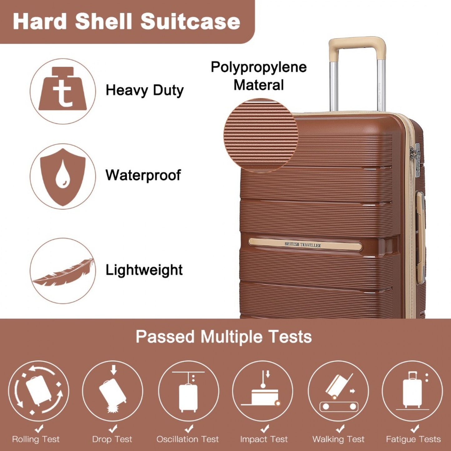 British Traveller K2392L Large Luggage in Brown and Apricot  (76x50x31 cm) -  Multi-Texture PP Hard Shell Suitcase with TSA Lock