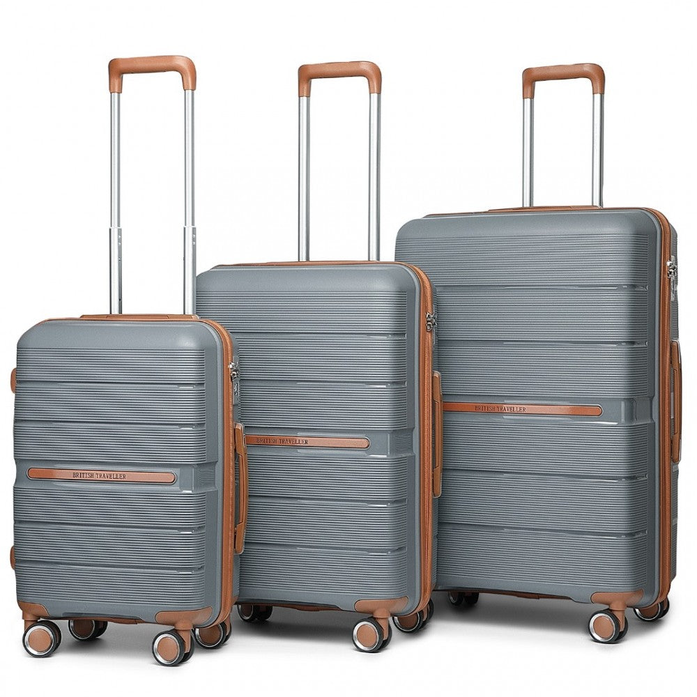British Traveller K2392L 3-Piece Luggage Set in Grey and Tan -  Multi-Texture PP Hard Shell Suitcase with TSA Lock