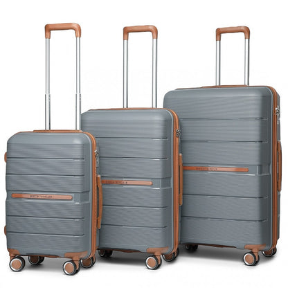British Traveller K2392L 3-Piece Luggage Set in Grey and Tan -  Multi-Texture PP Hard Shell Suitcase with TSA Lock