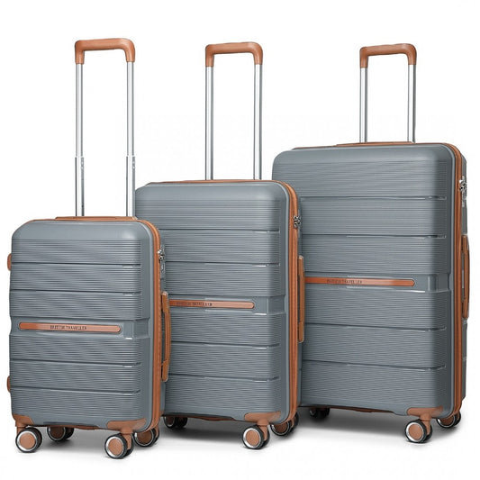 British Traveller K2392L 3-Piece Luggage Set in Grey and Tan -  Multi-Texture PP Hard Shell Suitcase with TSA Lock