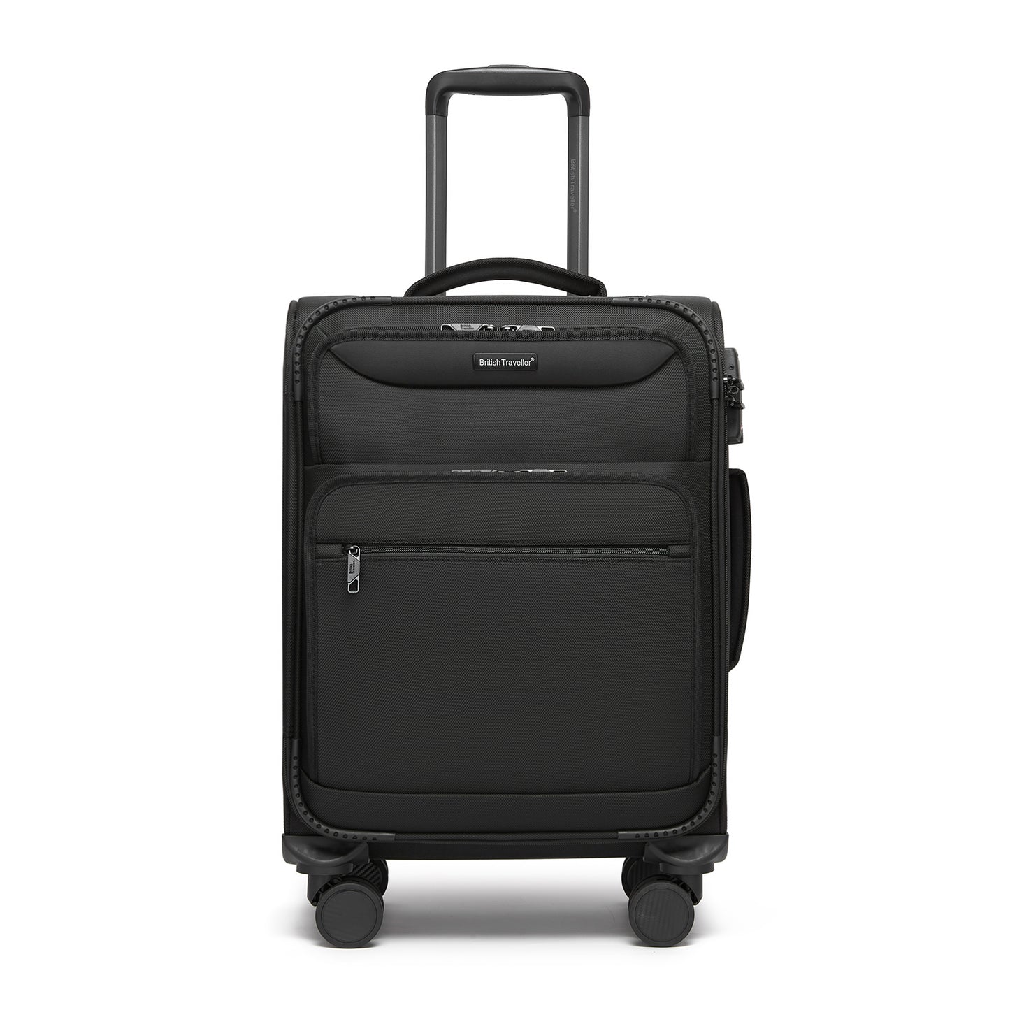 British Traveller KSB2582 Cabin Luggage in Black (57.5x37.5x25.5cm) - Softshell Cabin Suitcase with Front Laptop Compartment, TSA Lock & Silent Spinner Wheels