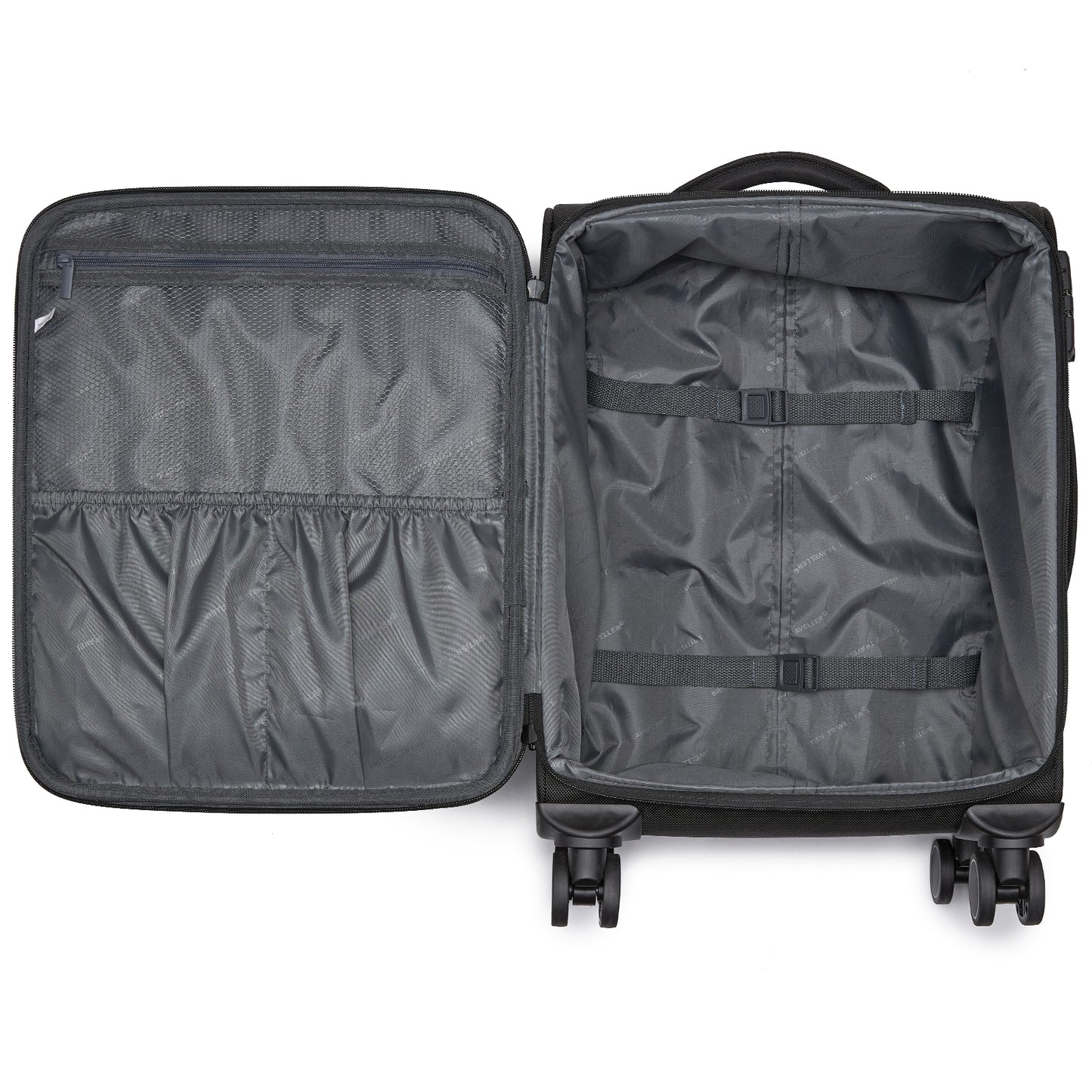 British Traveller KSB2582 Cabin Luggage in Black (57.5x37.5x25.5cm) - Softshell Cabin Suitcase with Front Laptop Compartment, TSA Lock & Silent Spinner Wheels