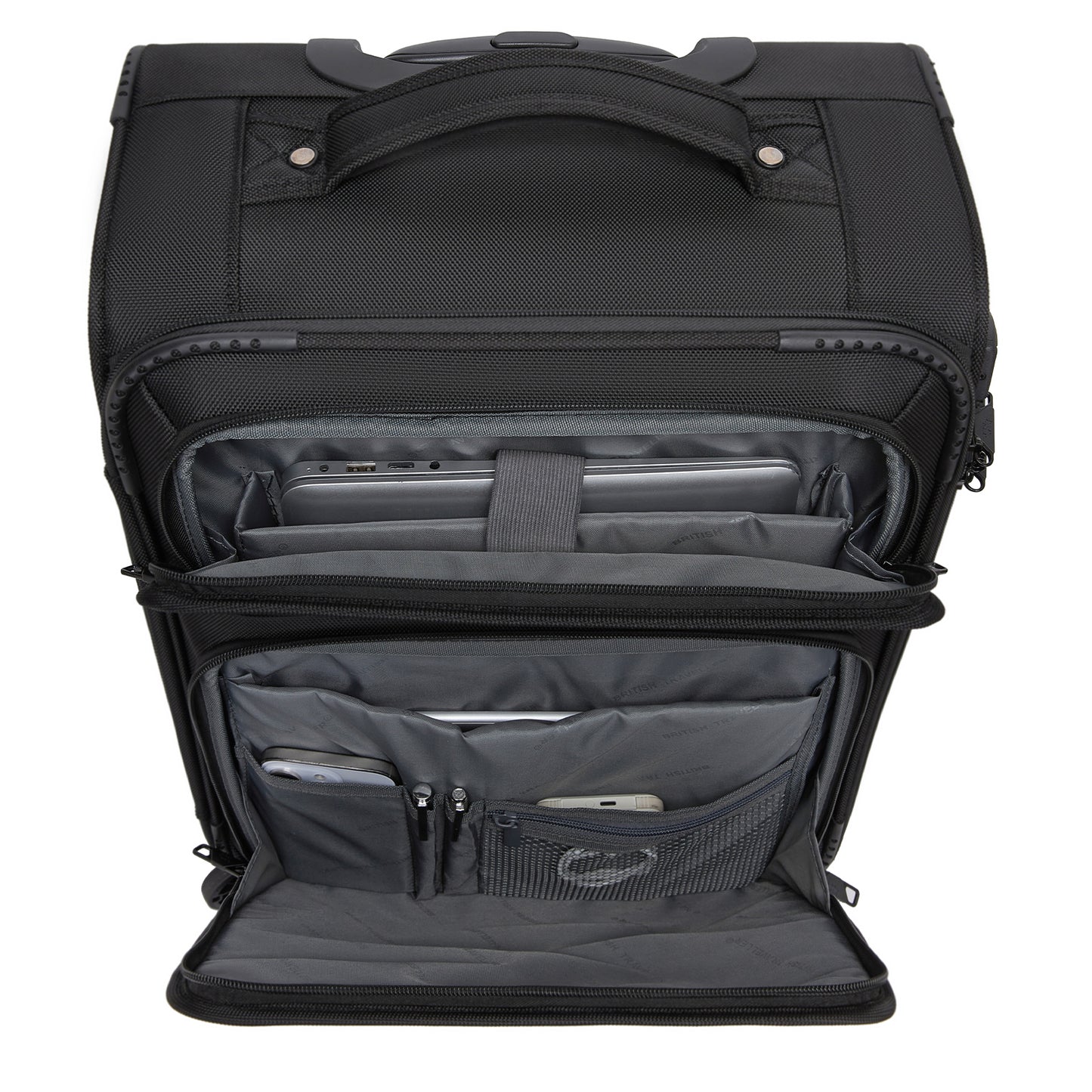 British Traveller KSB2582 Cabin Luggage in Black (57.5x37.5x25.5cm) - Softshell Cabin Suitcase with Front Laptop Compartment, TSA Lock & Silent Spinner Wheels