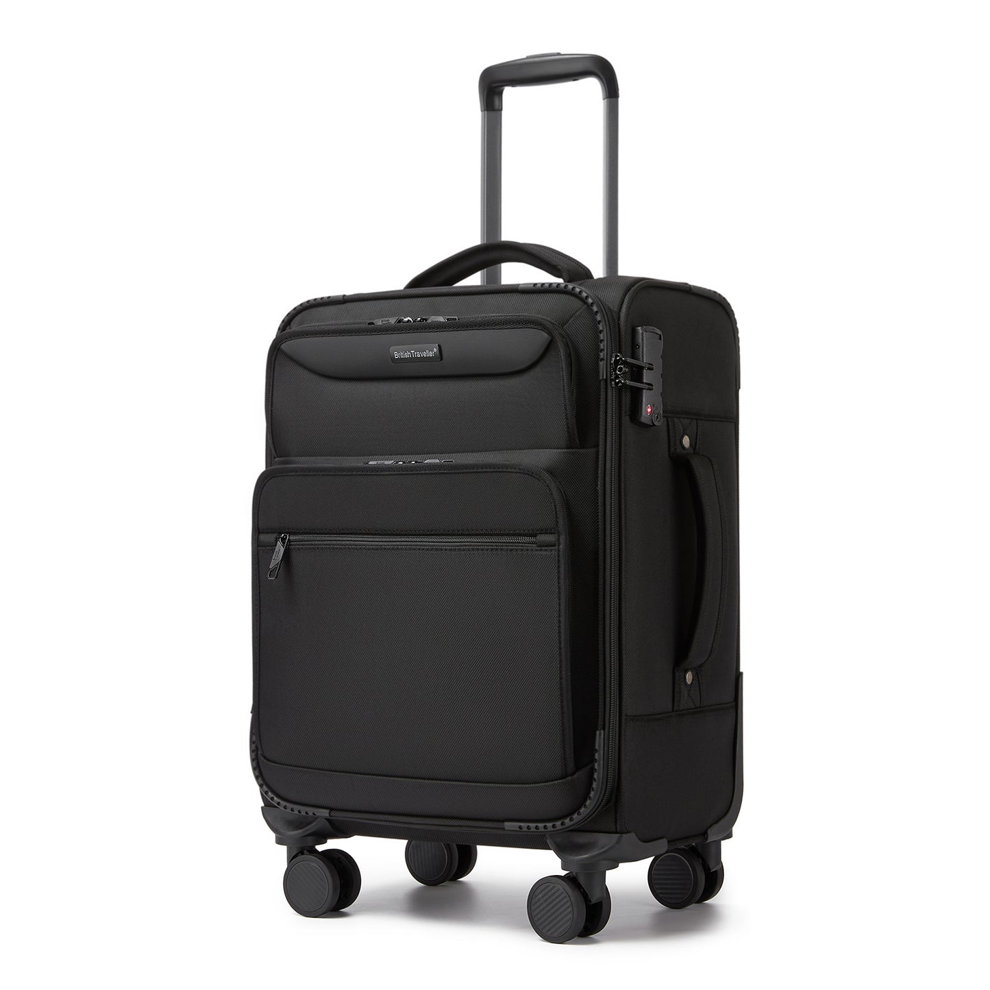 British Traveller KSB2582 Cabin Luggage in Black (57.5x37.5x25.5cm) - Softshell Cabin Suitcase with Front Laptop Compartment, TSA Lock & Silent Spinner Wheels