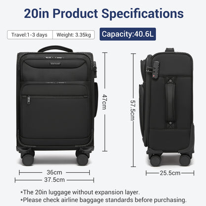 British Traveller KSB2582 Cabin Luggage in Black (57.5x37.5x25.5cm) - Softshell Cabin Suitcase with Front Laptop Compartment, TSA Lock & Silent Spinner Wheels
