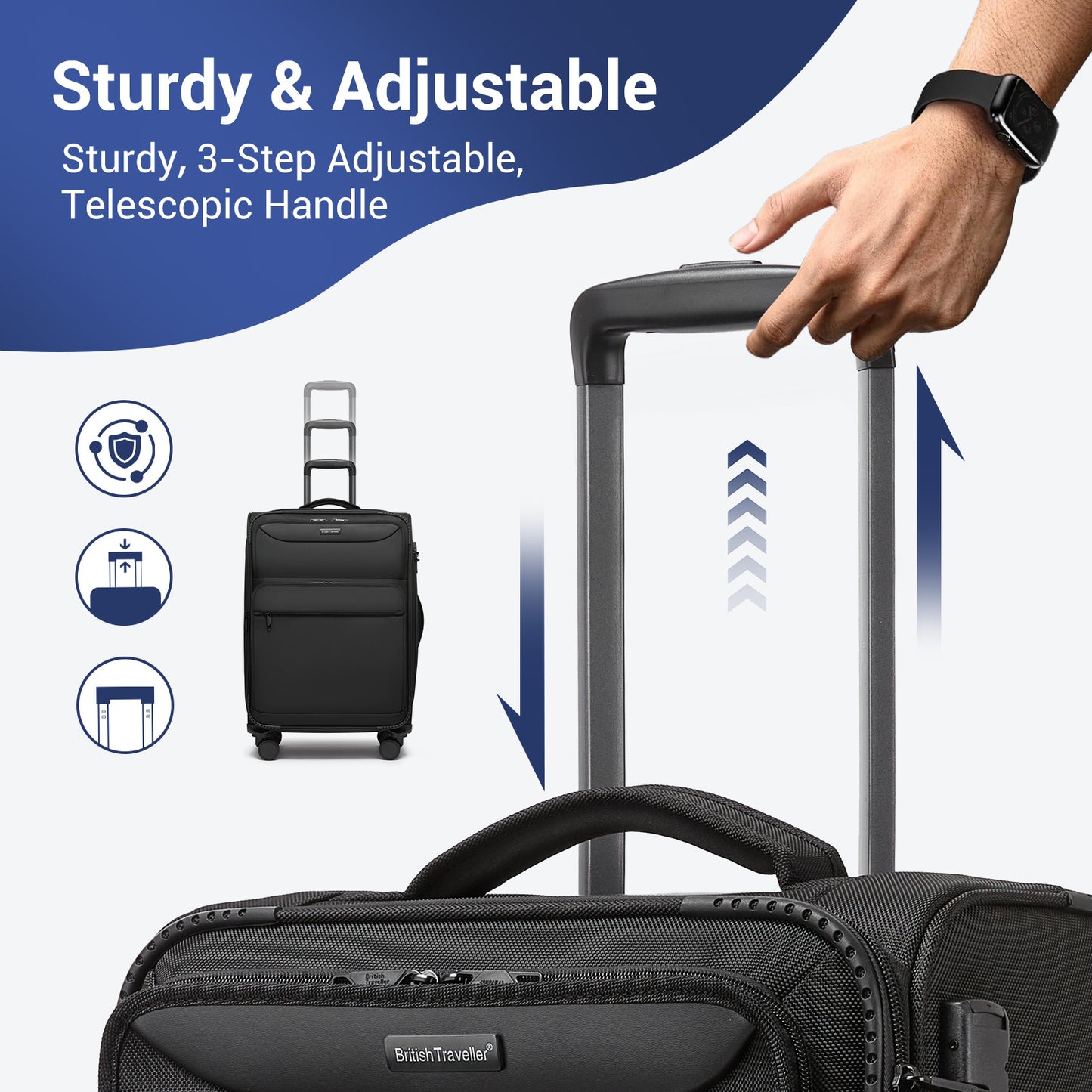 British Traveller KSB2582 Cabin Luggage in Black (57.5x37.5x25.5cm) - Softshell Cabin Suitcase with Front Laptop Compartment, TSA Lock & Silent Spinner Wheels