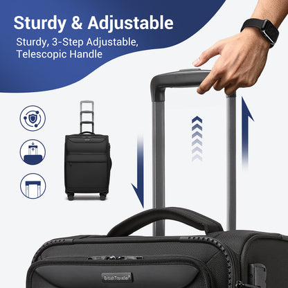 British Traveller KSB2582 Cabin Luggage in Black (57.5x37.5x25.5cm) - Softshell Cabin Suitcase with Front Laptop Compartment, TSA Lock & Silent Spinner Wheels