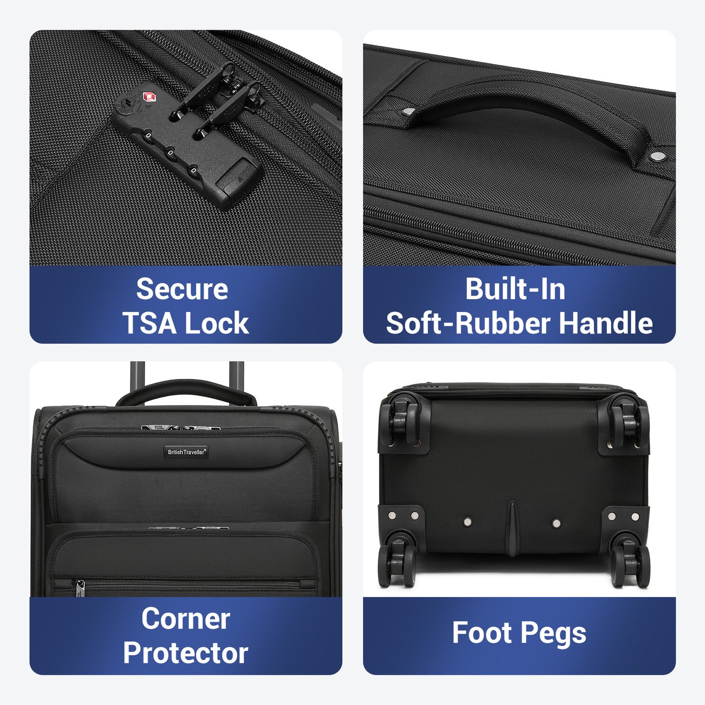 British Traveller KSB2582 Large Luggage in Black (79.5x49x32.5cm) - Expandable Softshell Suitcase with TSA Lock, Silent Spinner Wheels & Laptop Compartment