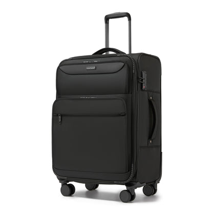 British Traveller KSB2582 Mid-Size Luggage in Black (68.5x44x28.5cm) - Expandable Softshell Suitcase with TSA Lock, Silent Spinner Wheels & Laptop Compartment