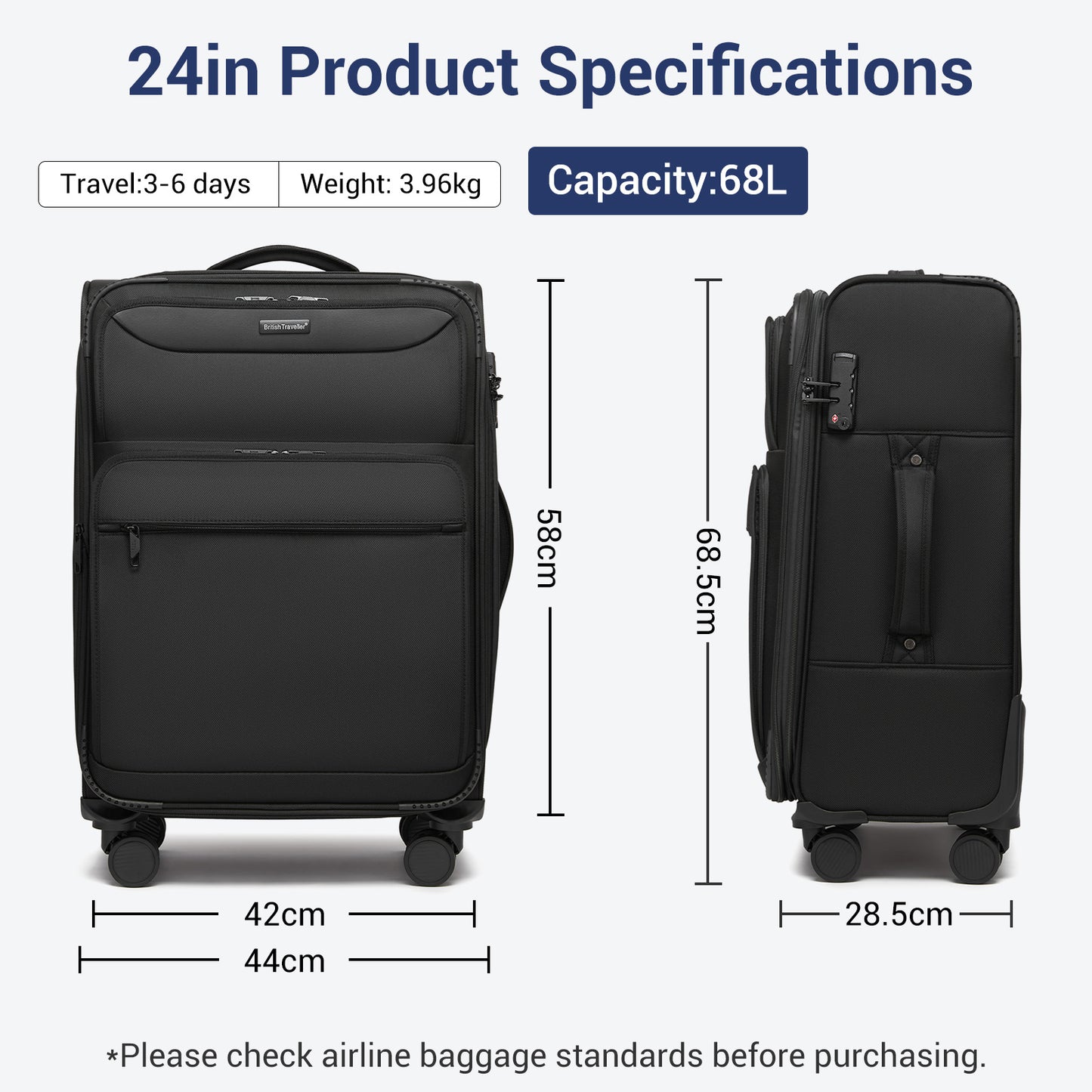 British Traveller KSB2582 Mid-Size Luggage in Black (68.5x44x28.5cm) - Expandable Softshell Suitcase with TSA Lock, Silent Spinner Wheels & Laptop Compartment
