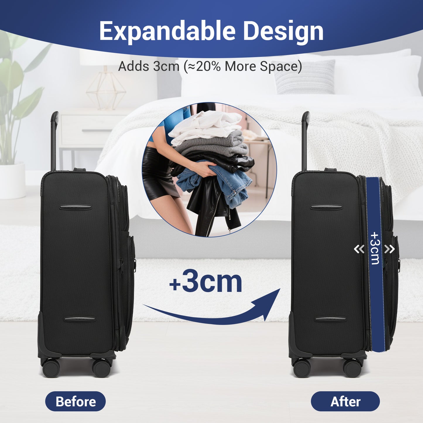 British Traveller KSB2582 Mid-Size Luggage in Black (68.5x44x28.5cm) - Expandable Softshell Suitcase with TSA Lock, Silent Spinner Wheels & Laptop Compartment
