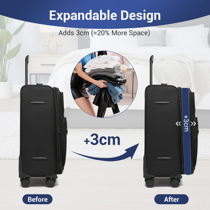 British Traveller KSB2582 Mid-Size Luggage in Black (68.5x44x28.5cm) - Expandable Softshell Suitcase with TSA Lock, Silent Spinner Wheels & Laptop Compartment