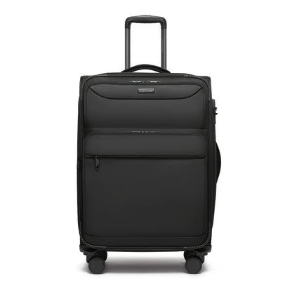 British Traveller KSB2582 Mid-Size Luggage in Black (68.5x44x28.5cm) - Expandable Softshell Suitcase with TSA Lock, Silent Spinner Wheels & Laptop Compartment