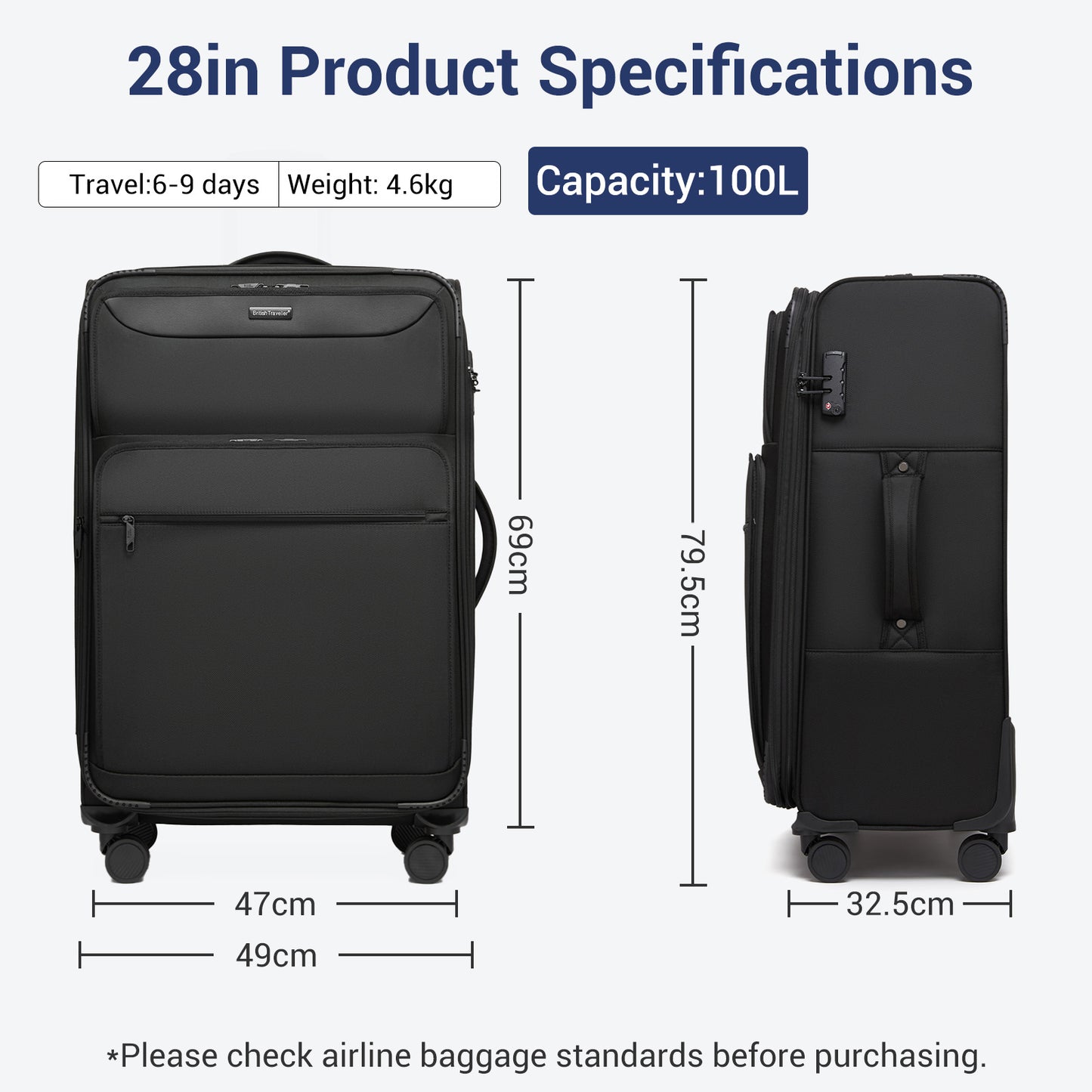 British Traveller KSB2582 Large Luggage in Black (79.5x49x32.5cm) - Expandable Softshell Suitcase with TSA Lock, Silent Spinner Wheels & Laptop Compartment