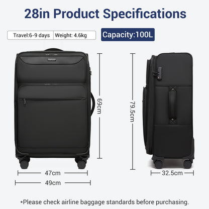 British Traveller KSB2582 Large Luggage in Black (79.5x49x32.5cm) - Expandable Softshell Suitcase with TSA Lock, Silent Spinner Wheels & Laptop Compartment