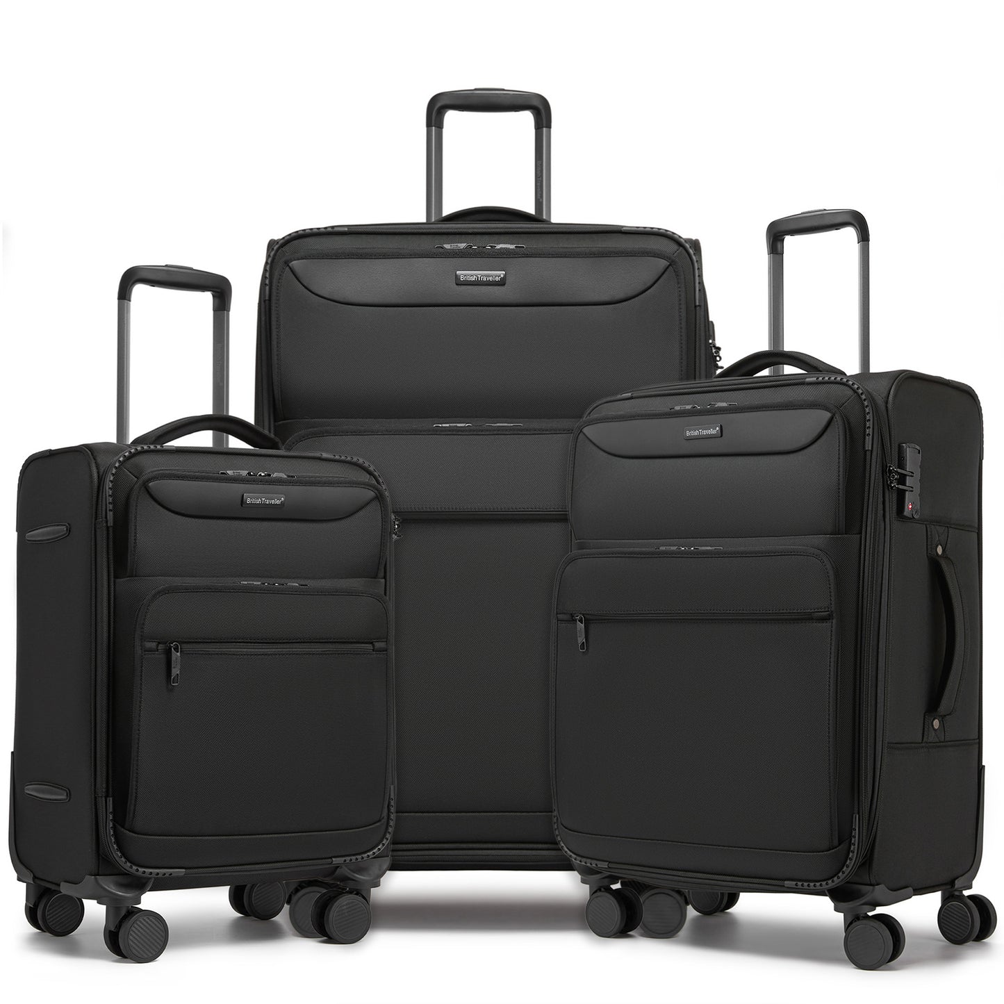 British Traveller KSB2582 3-Piece Luggage Set in Black - Durable Softshell Suitcase Set with a Laptop Compartment