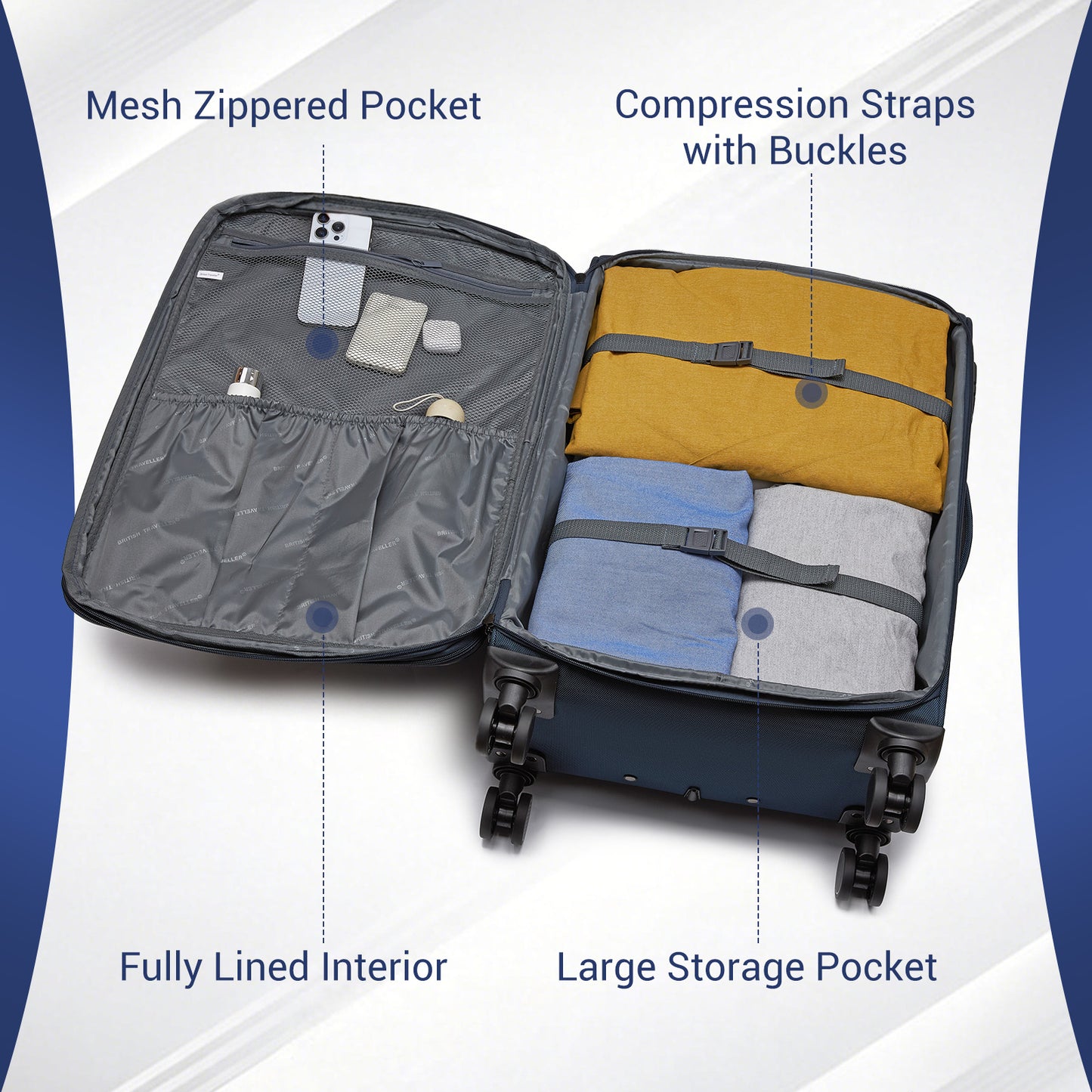 British Traveller KSB2582 Mid-Size Luggage in Navy (68.5x44x28.5cm) - Expandable Softshell Suitcase with TSA Lock, Silent Spinner Wheels & Laptop Compartment