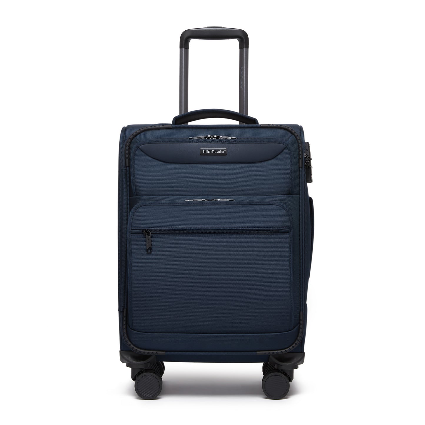 British Traveller KSB2582 Cabin Luggage in Navy (57.5x37.5x25.5cm) - Softshell Cabin Suitcase with Front Laptop Compartment, TSA Lock & Silent Spinner Wheels