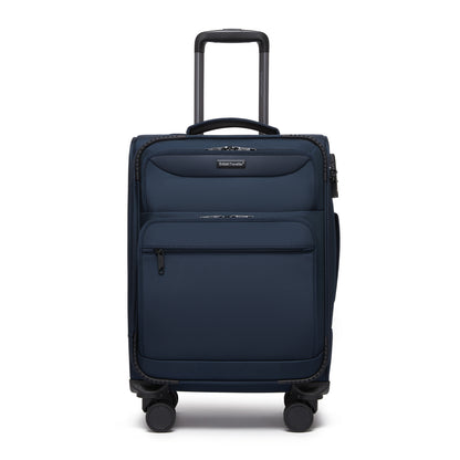 British Traveller KSB2582 Cabin Luggage in Navy (57.5x37.5x25.5cm) - Softshell Cabin Suitcase with Front Laptop Compartment, TSA Lock & Silent Spinner Wheels