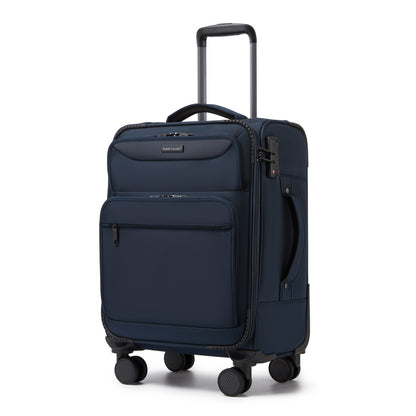 British Traveller KSB2582 Cabin Luggage in Navy (57.5x37.5x25.5cm) - Softshell Cabin Suitcase with Front Laptop Compartment, TSA Lock & Silent Spinner Wheels