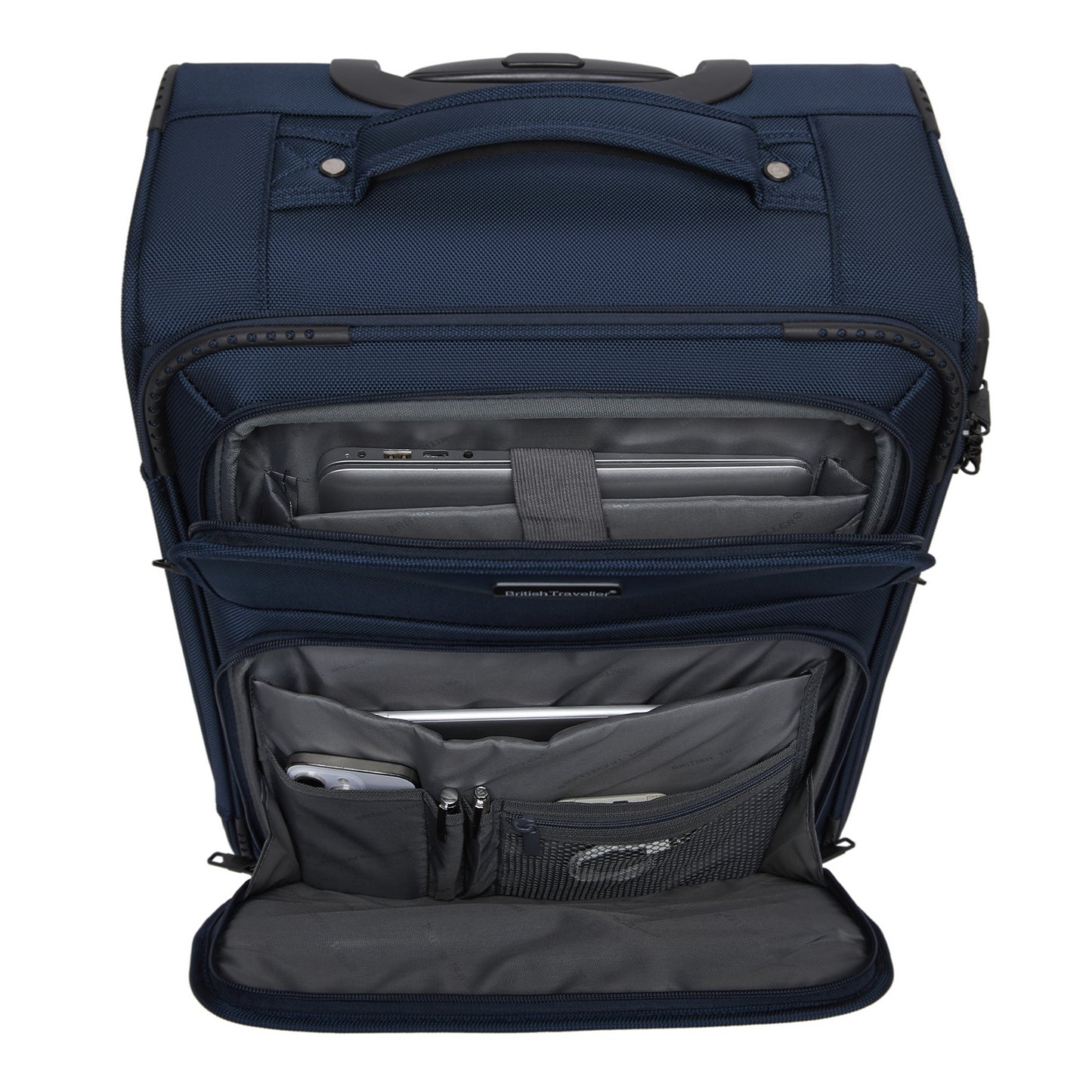 British Traveller KSB2582 Cabin Luggage in Navy (57.5x37.5x25.5cm) - Softshell Cabin Suitcase with Front Laptop Compartment, TSA Lock & Silent Spinner Wheels