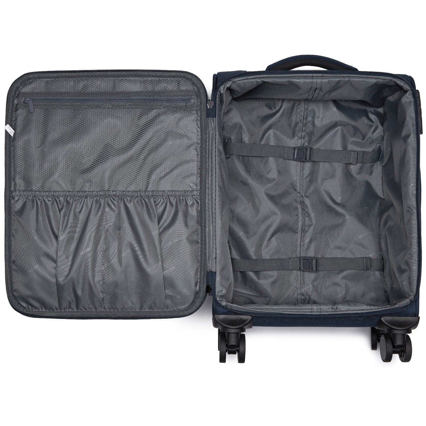 British Traveller KSB2582 Cabin Luggage in Navy (57.5x37.5x25.5cm) - Softshell Cabin Suitcase with Front Laptop Compartment, TSA Lock & Silent Spinner Wheels