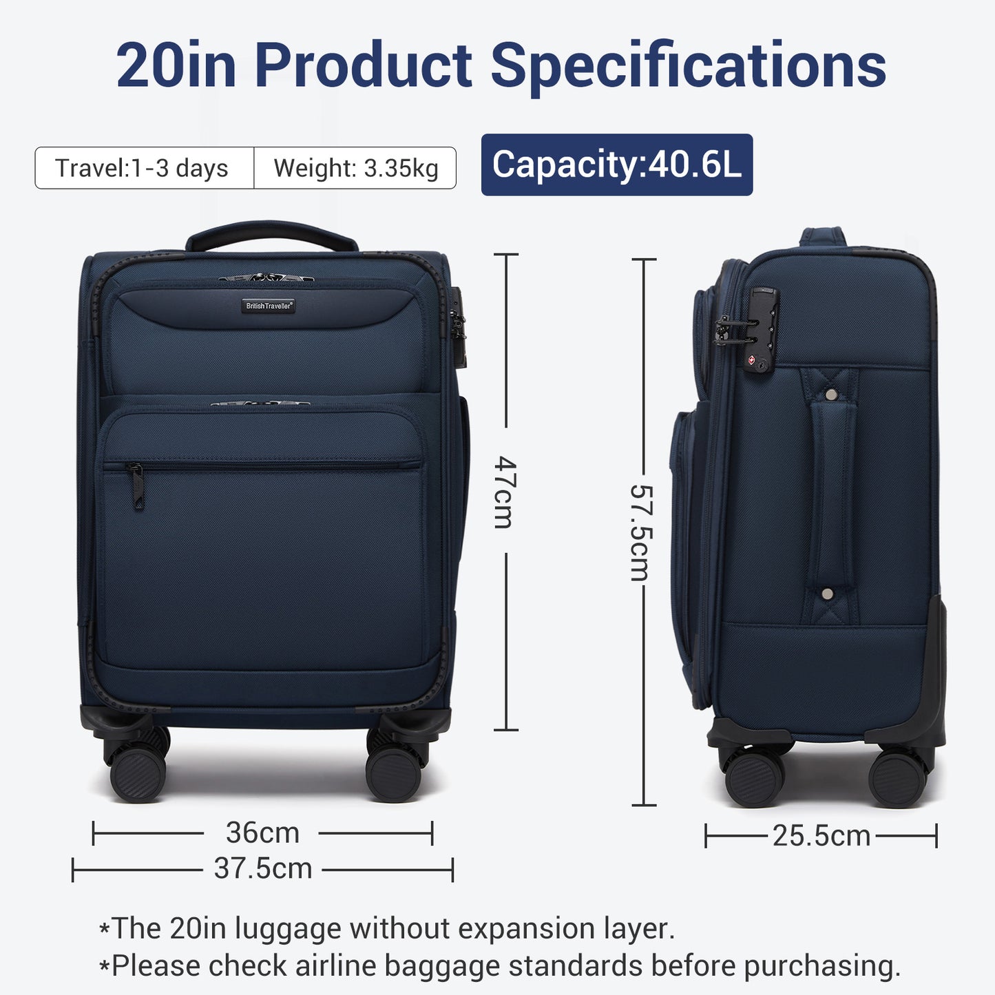 British Traveller KSB2582 Cabin Luggage in Navy (57.5x37.5x25.5cm) - Softshell Cabin Suitcase with Front Laptop Compartment, TSA Lock & Silent Spinner Wheels