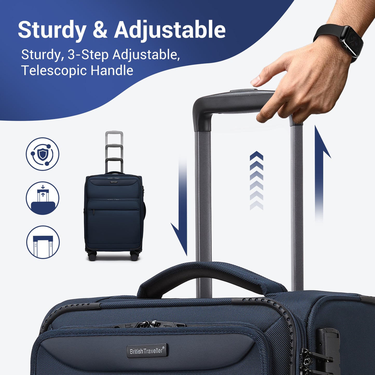 British Traveller KSB2582 Cabin Luggage in Navy (57.5x37.5x25.5cm) - Softshell Cabin Suitcase with Front Laptop Compartment, TSA Lock & Silent Spinner Wheels