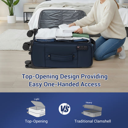 British Traveller KSB2582 Cabin Luggage in Navy (57.5x37.5x25.5cm) - Softshell Cabin Suitcase with Front Laptop Compartment, TSA Lock & Silent Spinner Wheels