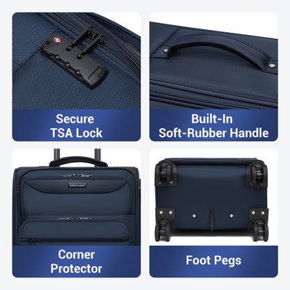 British Traveller KSB2582 Cabin Luggage in Navy (57.5x37.5x25.5cm) - Softshell Cabin Suitcase with Front Laptop Compartment, TSA Lock & Silent Spinner Wheels