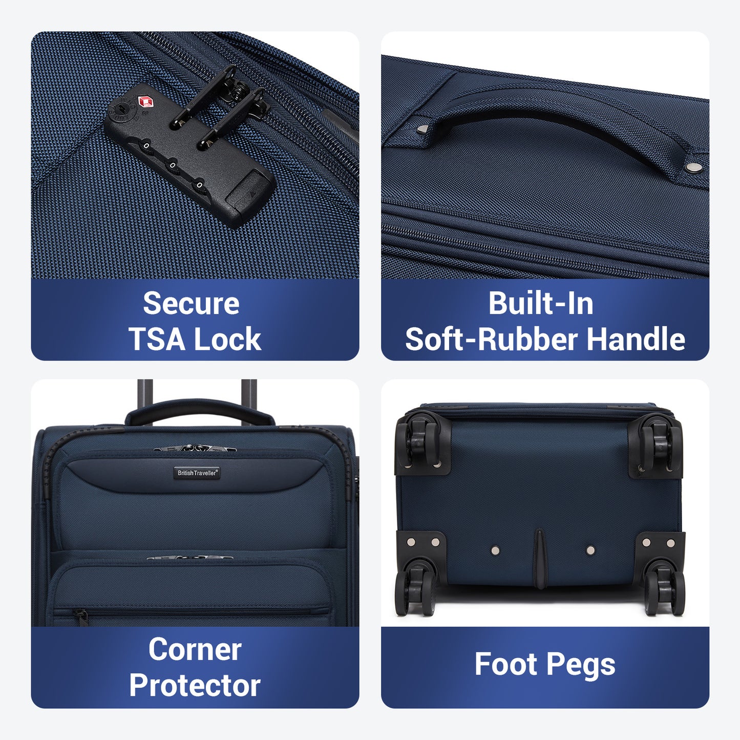 British Traveller KSB2582 3-Piece Luggage Set in Navy - Durable Softshell Suitcase Set with a Laptop Compartment