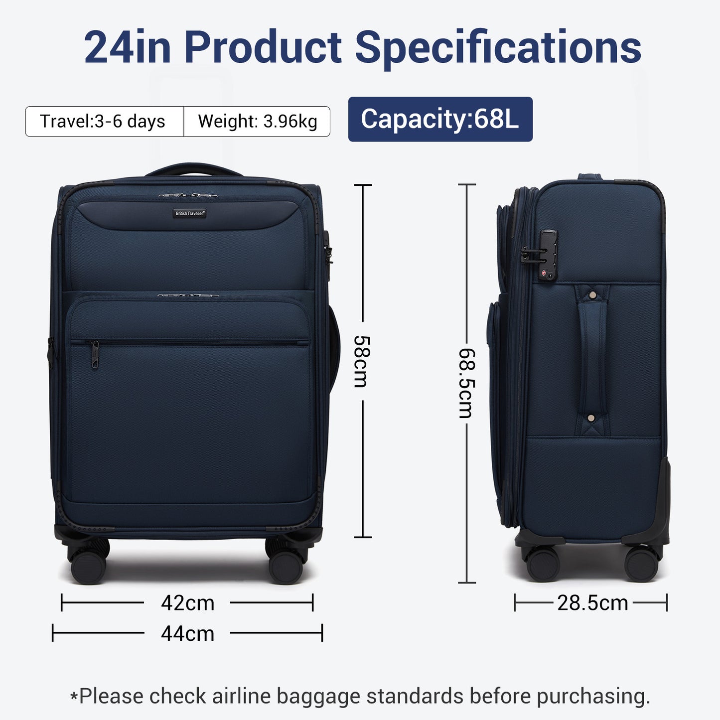 British Traveller KSB2582 Mid-Size Luggage in Navy (68.5x44x28.5cm) - Expandable Softshell Suitcase with TSA Lock, Silent Spinner Wheels & Laptop Compartment