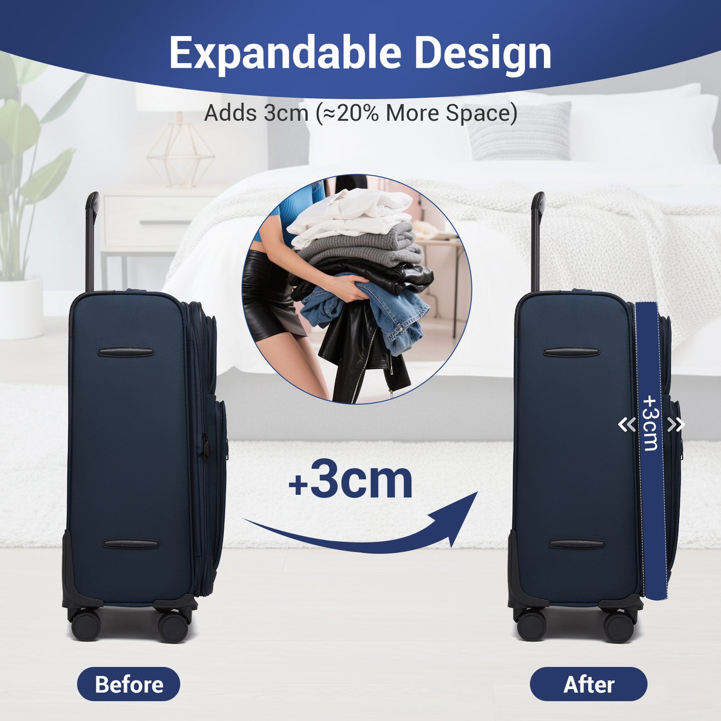 British Traveller KSB2582 Mid-Size Luggage in Navy (68.5x44x28.5cm) - Expandable Softshell Suitcase with TSA Lock, Silent Spinner Wheels & Laptop Compartment