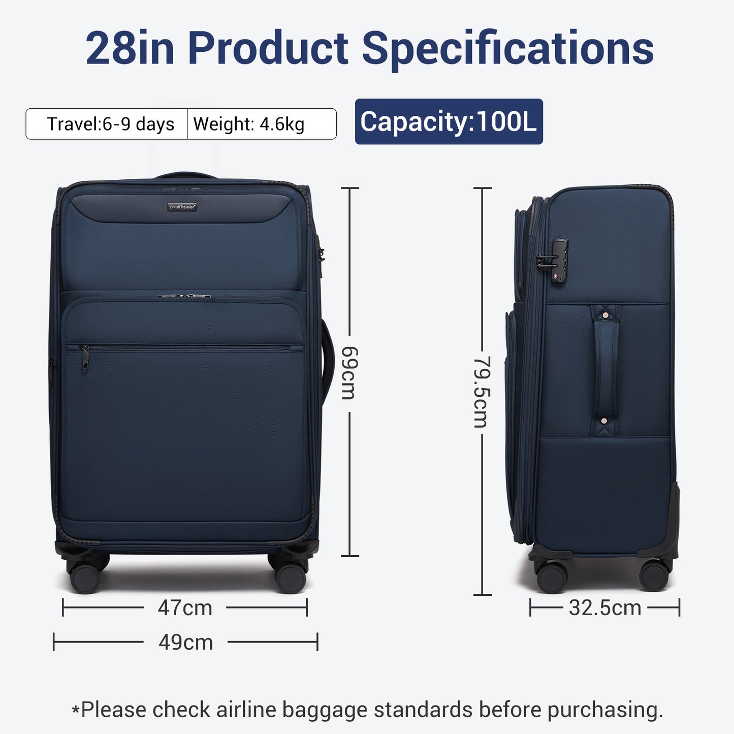 British Traveller KSB2582 Large Luggage in Navy (79.5x49x32.5cm) - Expandable Softshell Suitcase with TSA Lock, Silent Spinner Wheels & Laptop Compartment