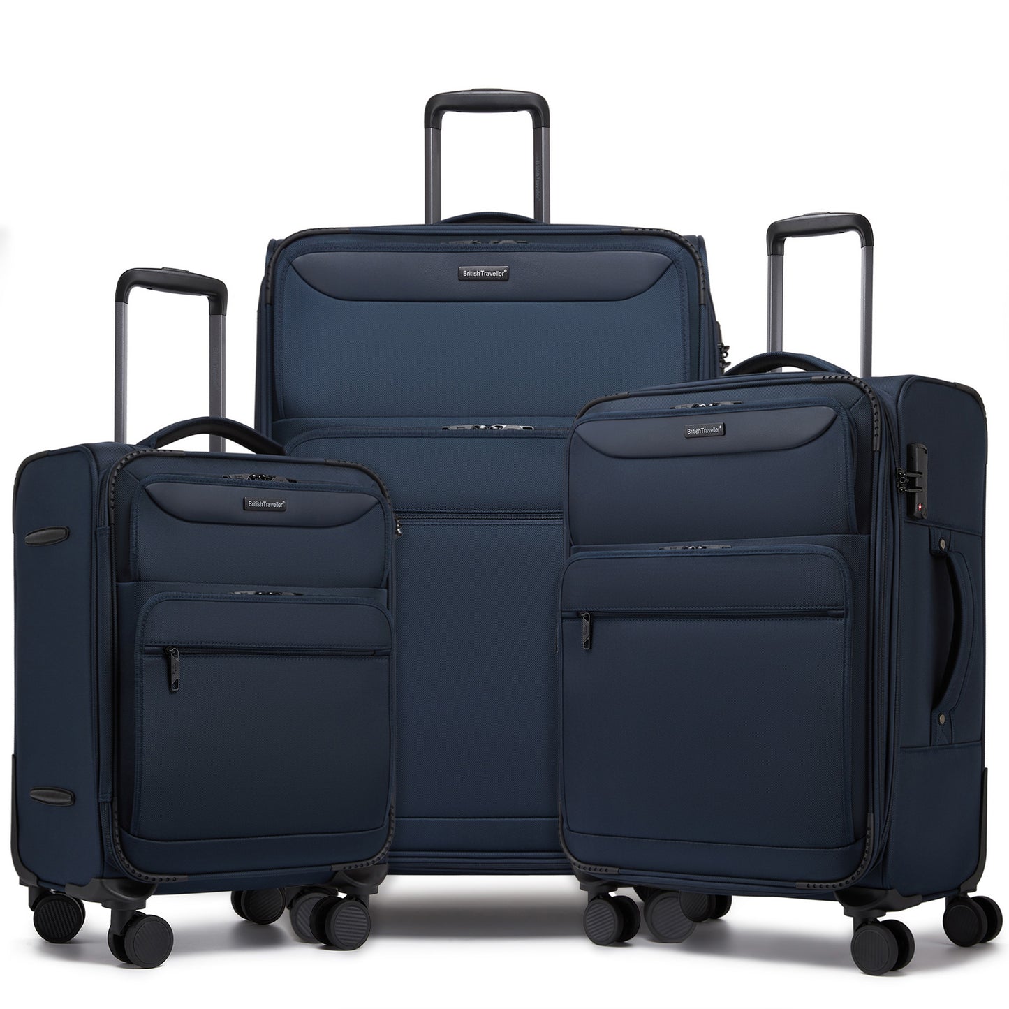 British Traveller KSB2582 3-Piece Luggage Set in Navy - Durable Softshell Suitcase Set with a Laptop Compartment