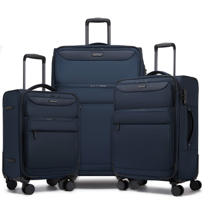 British Traveller KSB2582 3-Piece Luggage Set in Navy - Durable Softshell Suitcase Set with a Laptop Compartment