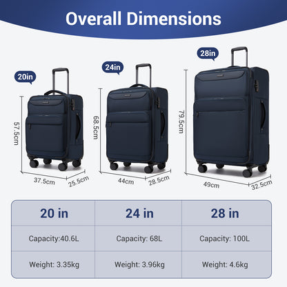British Traveller KSB2582 3-Piece Luggage Set in Navy - Durable Softshell Suitcase Set with a Laptop Compartment