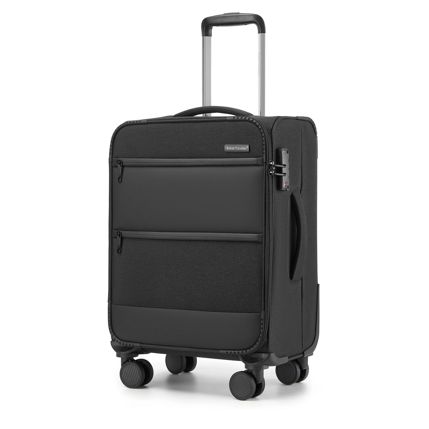 British Traveller KSB2597 Cabin Luggage in Black (57.5x37.5x25.5 cm) - Soft Shell Suitcase with Silent TPE Spinners, TSA Lock and Laptop Compartment