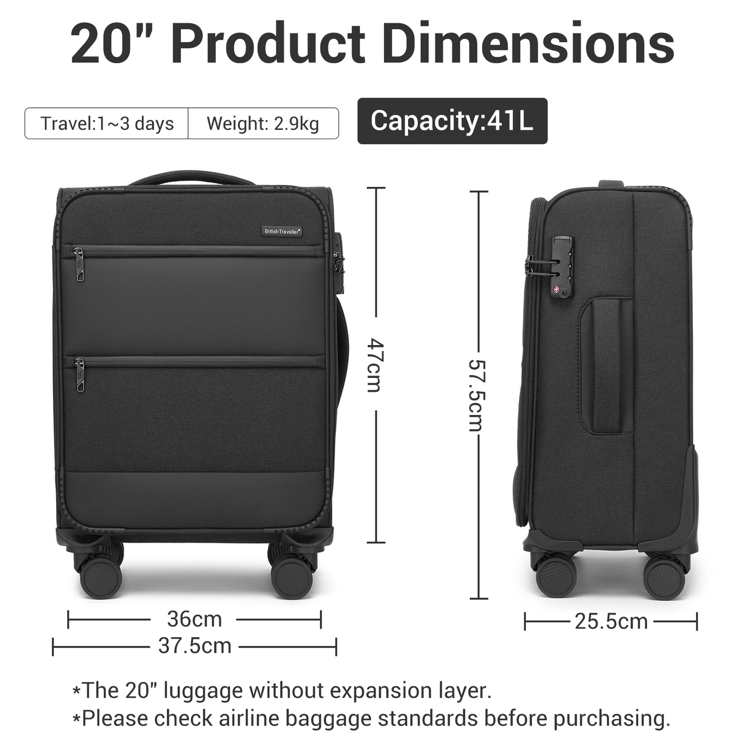 British Traveller KSB2597 Cabin Luggage in Black (57.5x37.5x25.5 cm) - Soft Shell Suitcase with Silent TPE Spinners, TSA Lock and Laptop Compartment