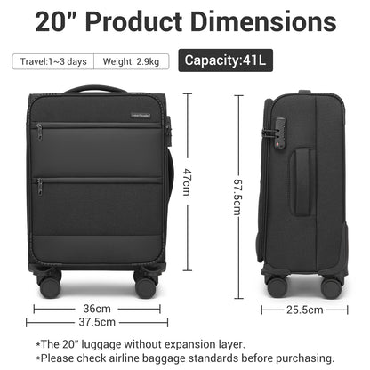 British Traveller KSB2597 Cabin Luggage in Black (57.5x37.5x25.5 cm) - Soft Shell Suitcase with Silent TPE Spinners, TSA Lock and Laptop Compartment