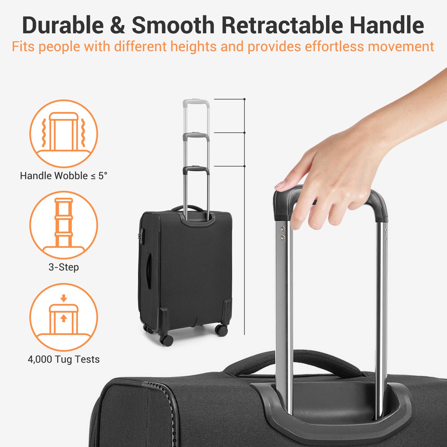 British Traveller KSB2597 Cabin Luggage in Black (57.5x37.5x25.5 cm) - Soft Shell Suitcase with Silent TPE Spinners, TSA Lock and Laptop Compartment