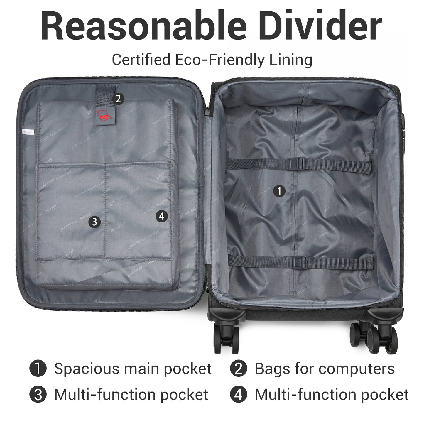 British Traveller KSB2597 Cabin Luggage in Black (57.5x37.5x25.5 cm) - Soft Shell Suitcase with Silent TPE Spinners, TSA Lock and Laptop Compartment