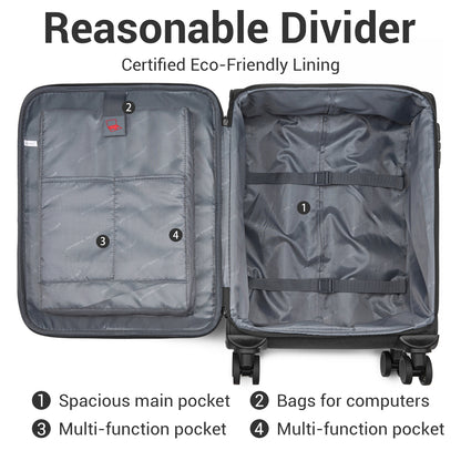 British Traveller KSB2597 Cabin Luggage in Black (57.5x37.5x25.5 cm) - Soft Shell Suitcase with Silent TPE Spinners, TSA Lock and Laptop Compartment