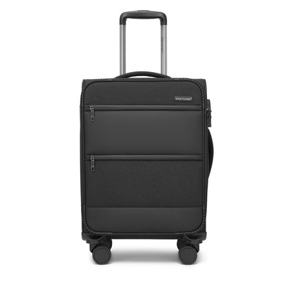 British Traveller KSB2597 Cabin Luggage in Black (57.5x37.5x25.5 cm) - Soft Shell Suitcase with Silent TPE Spinners, TSA Lock and Laptop Compartment