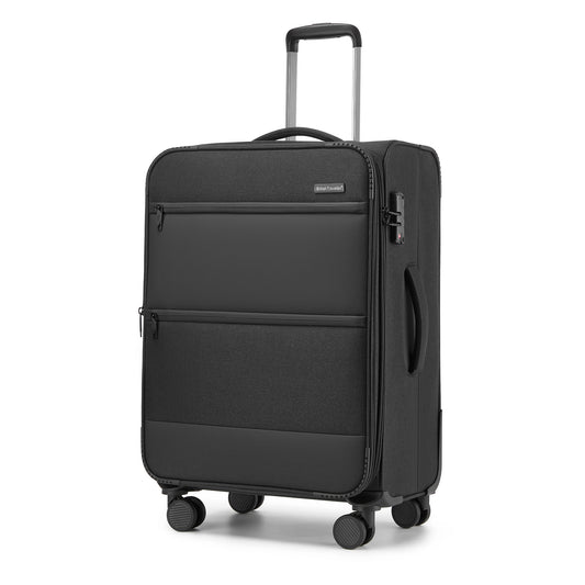 British Traveller KSB2597 Mid-Size Luggage in Black (68.5x44x28.5cm) - Lightweight & Tough Soft-Shell Suitcase with TSA Lock and Expandable Capacity