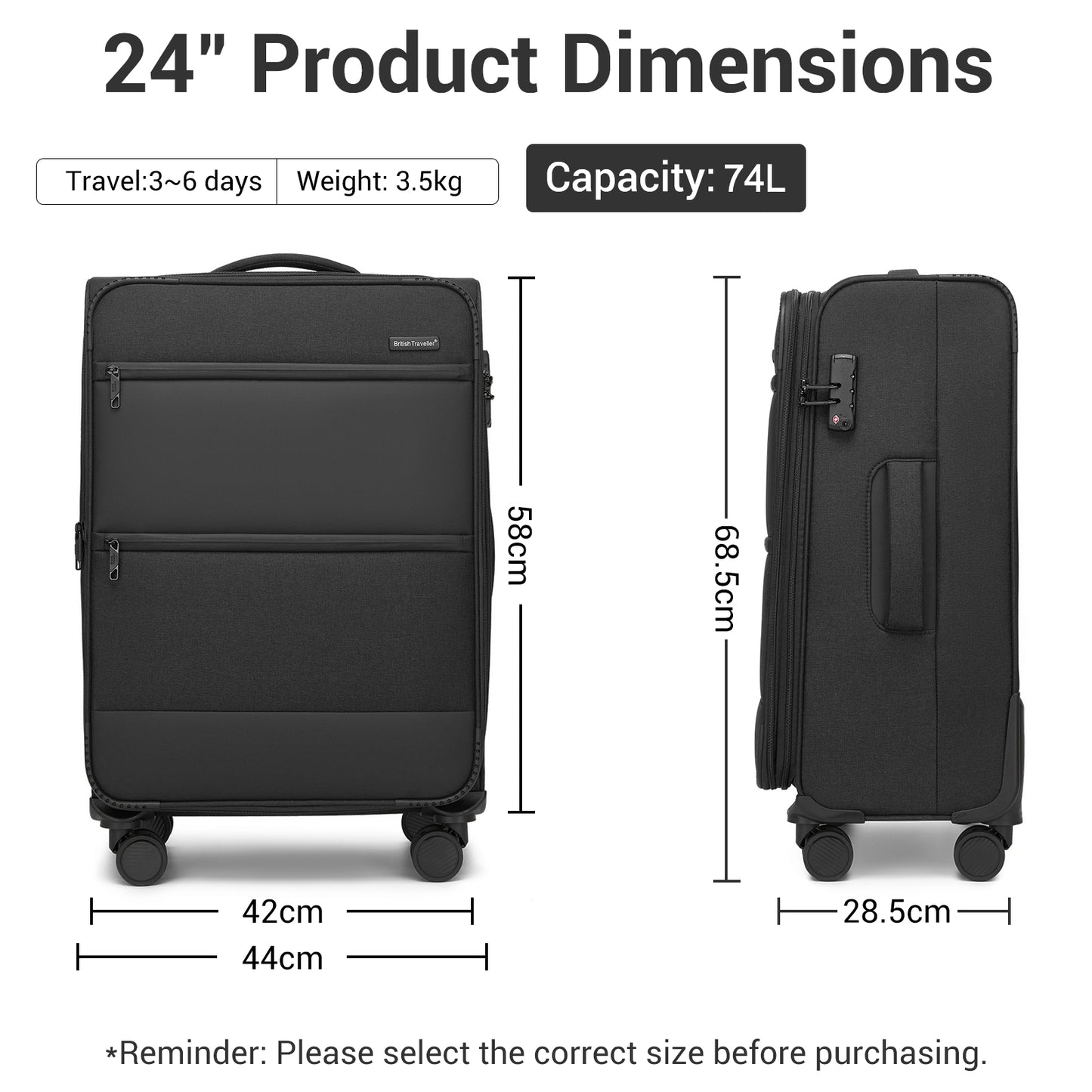 British Traveller KSB2597 Mid-Size Luggage in Black (68.5x44x28.5cm) - Lightweight & Tough Soft-Shell Suitcase with TSA Lock and Expandable Capacity