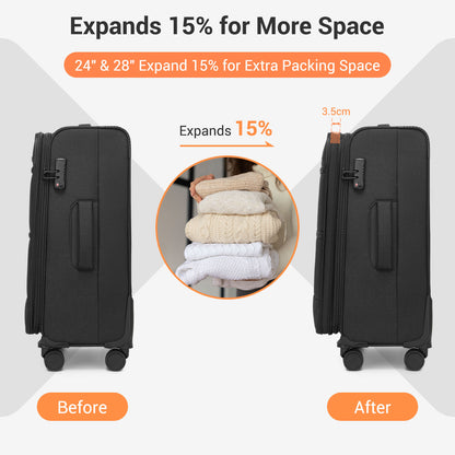 British Traveller KSB2597 3-Piece Luggage Set in Black - Tough Soft-Shell Suitcase with Silent TPE Spinners, TSA Security and Expandable Checked Sizes